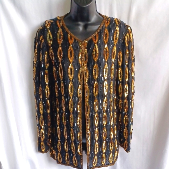 Stenay Black and Gold Sequin & Beaded Silk Jacket, SZ M, 21" PTP, 28" L - Picture 1 of 7